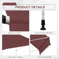 Outsunny Copertină manual retractabilă 3L x 1,5m, înălțime ajustabilă,material din poliester anti-UV, Roșu(m-5)