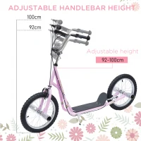 HOMCOM Trotinetă patinete Mari Roți pneumatice Ø 41 cm cu pegs Roz(m-4)