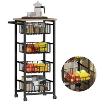 HOMCOM Four Basket Mobile Kitchen Island, with Brakes - Oak/Black(m-10)