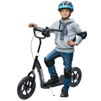 HOMCOM, trotinetă copii, pneuri 30 cm, ghidon reglabil, frână, suport lateral, oțel, pentru copii 5+ ani, negru(m-11)