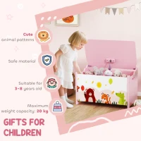 AIYAPLAY Baule Portagiochi per Bambini con Cerniere di Sicurezza in Legno con Disegni di Animali, 60x37x39 cm, Rosa(m-7)