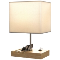 HOMCOM Lampe de Table avec Ports USB-A/C Trois Fentes pour Téléphones Base en Bois et Abat-jour en Tissu Blanc