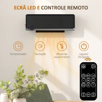 HOMCOM Aquecedor Cerâmico de Parede 1000W/2000W com Controle Remoto Tela LED Temporizador de 12h Termostato 56x18,5x11,7 cm Preto(m-5)