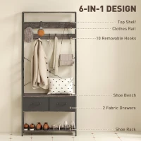 HOMCOM Coat Rack with Shoe Storage, Hall Tree, Industrial Coat Stand with Shoe Bench, 10 Removable Hooks, 2 Fabric Drawers and Clothes Rail for Entryway, Hallway, Grey(m-4)
