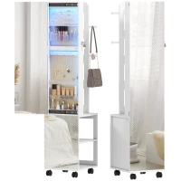 HOMCOM Espejo Joyero con Luces LED Armario para Joyas de Giro de 360° Cerradura y Llaves Superficie Blanco y Forro Beige(m-11)