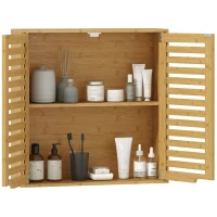 HOMCOM Armario de Baño de Pared de Bambú Mueble de Baño Colgante con Estante Ajustable Puertas de Lamas Natural(m-6)