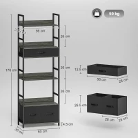 HOMCOM Industrial Style Bookcase, with 4 Shelves and 3 Fabric Drawers - Grey/Black(m-3)