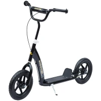 HOMCOM, trotinetă copii, pneuri 30 cm, ghidon reglabil, frână, suport lateral, oțel, pentru copii 5+ ani, negru(m-1)
