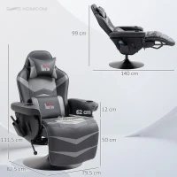 HOMCOM Gamingsessel, Massagefunktion, neigbare Lehne, Fußstütze, bis 120 kg, Stahlrahmen, Kunstleder, Grau(m-3)