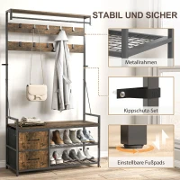HOMCOM 6-in-1 Garderobenständer mit Sitzbank und Schuhregal, Industrie-Stil, 10 Haken, 2 Stoffschubladen, Metall, Braun(m-6)