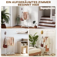 HOMCOM Kleiderständer mit Rolle, mobiler Garderobenständer mit Kleiderstange, 5 Haken, Schuhregal Weiß(m-6)