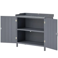 Outsunny Wood Garden Storage Cabinet, Outdoor Tool Shed, Potting Bench Table with Galvanized Top and Two Shelves for Yard Tools or Pool Accessories, Grey(m-11)