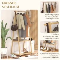 HOMCOM Kleiderständer, 2 untere Regale, 67 cm lange Kleiderstange, Bambusholz, Rollen(m-4)