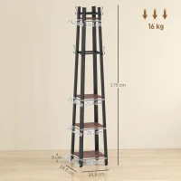 HOMCOM Garderobenständer mit 4 Ebenen, freistehender Kleiderständer, 8 Haken, 4 Regale, Industrie-Stil, Metall, Spanplatte, Braun(m-3)