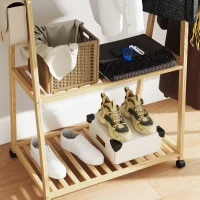 HOMCOM Kleiderständer, 2 untere Regale, 67 cm lange Kleiderstange, Bambusholz, Rollen(m-8)