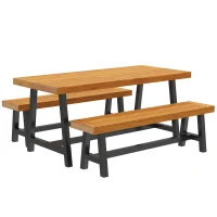 Outsunny Sitzgruppe 3-teilig Holz Essgruppe für 4 Personen Esstisch mit 2 Bänke Teak(m-1)