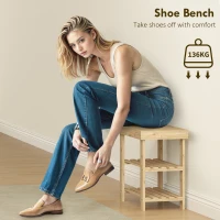 HOMCOM Two Shelf Bamboo Shoe Storage Bench - Natural Finish(m-5)