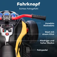 AIYAPLAY Elektrisches Kinderfahrzeug, Reverse-Dreirad-Design, Batteriebetrieb, MP3-Player, Hupe, 2 Geschwindigkeiten, LED-Lichter, 3-8 Jahre, Gelb(m-5)