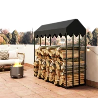 Outsunny Leñero Exterior Metálico de Chimenea Soporte para Leña con Cubierta Impermeable Carga 300 kg 186x70x185 cm Negro(m-9)