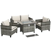 Outsunny 5-Piece Rattan Patio Furniture Set with Gas Fire Pit Table, Loveseat Sofa, Armchairs, Cushions, Pillows, Grey(m-1)