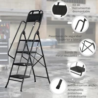 HOMCOM Escalera Plegable de 4 Peldaños con Bolsa de Herramientas Escalera de Tijera con Peldaños Anchos Antideslizantes Negro(m-4)