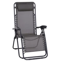 Outsunny Zero Gravity Chair Metal Frame Texteline Armchair Outdoor Folding and Reclining Sun Lounger with Head Pillow for Patio Decking Gardens Camping, Grey(m-10)