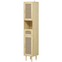 HOMCOM Mobilier baie coloană de depozitare pentru baie cu uși din ratan sertar 2 dulapuri 32 x 30 x 170 cm stejar(m-6)