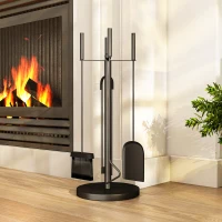 Outsunny Set servitor de șemineu, servitor de șemineu 5 piese, mătură lopată clește tisonier și suport, metal, negru(m-2)