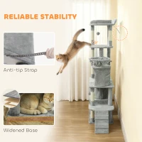 PawHut 170 cm Large Cat Tree, Cat Tower with 7 Scratching Posts, Tunnel, 2 Condos, Hammock, Perch, Ramp, Pompoms, Light Grey(m-9)