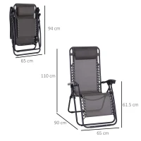 Outsunny Zero Gravity Chair Metal Frame Texteline Armchair Outdoor Folding and Reclining Sun Lounger with Head Pillow for Patio Decking Gardens Camping, Grey(m-3)