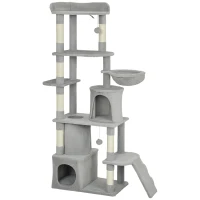 PawHut 170 cm Large Cat Tree, Cat Tower with 7 Scratching Posts, Tunnel, 2 Condos, Hammock, Perch, Ramp, Pompoms, Light Grey(m-1)