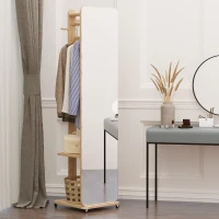 HOMCOM Oglindă de podea cu roți - Suport, 4 cârlige, raft MDF aspect lemn deschis(m-2)