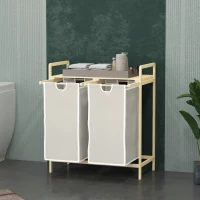 HOMCOM Wasmand met 2 waszakken, 1 plank, 2 handvatten, 63,5 cm x 33 cm x 73 cm, Bamboe(m-10)