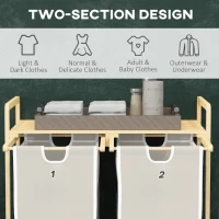 HOMCOM Wasmand met 2 waszakken, 1 plank, 2 handvatten, 63,5 cm x 33 cm x 73 cm, Bamboe(m-6)