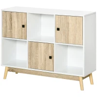 HOMCOM Bufet living, mobilier de depozitare 9 cuburi cu 3 uși și 3 compartimente deschise, picioare din lemn de pin, stil modern, bufet pentru sala de mese, bucătărie și living, 96 x 30 x 75 cm, alb, natural(m-6)