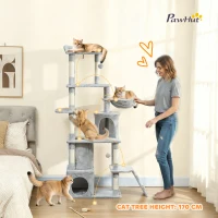PawHut 170 cm Large Cat Tree, Cat Tower with 7 Scratching Posts, Tunnel, 2 Condos, Hammock, Perch, Ramp, Pompoms, Light Grey(m-4)