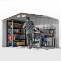 Outsunny 9 x 6FT Outdoor Garden Roofed Metal Storage Shed Tool Box with Foundation Ventilation & Doors Light, Grey(m-14)