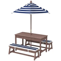 AIYAPLAY Set mobilier de grădină exterior pentru copii cu perne și parasol detașabil, dungi bleumarin și albe(m-6)