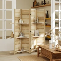 HOMCOM Paravan interior din lemn 4 panouri 160 x 170 cm, separator de cameră pliabil cu 3 rafturi, lemn natural(m-2)