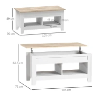 HOMCOM Masă de cafea cu blat rabatabil, masă de living cu rafturi și compartiment ascuns,105 x 50 x 49-62,5 cm alb(m-3)