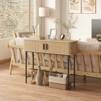 HOMCOM Console meuble, table console avec portes coulissantes à lattes et pieds en acier, pour salon, chêne et noir(m-10)