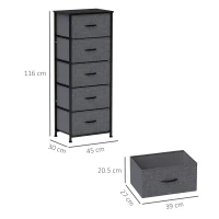 HOMCOM Comodă 5 sertare mobilier de depozitare sertar din material pliabil - structură din oțel negru - 45 x 30 x 116 cm gri închis(m-3)