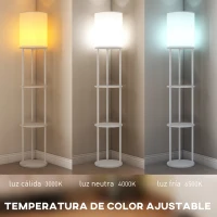 HOMCOM Lámpara de Pie con Estantes con 3 Temperaturas de Color Control Remoto para Salón Dormitorio Oficina Blanco(m-4)