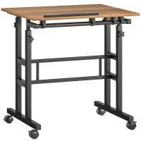 HOMCOM Birou stat jos/în picioare birou reglabil pe înălțime 70 x 60 cm pe roți cu blat înclinat cadru metalic maro(m-1)