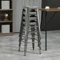 HOMCOM Set de 4 scaune de bar industriale empilabile înălțime șezut 76 cm metal argintiu(m-5)