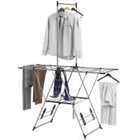 HOMCOM Tendedero Vertical Plegable con Alas Ajustables 4 Soportes para Calzado Barra y Estante 139x62,5x201 cm Plata(m-11)