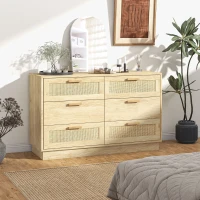 HOMCOM Comodă design boem din ratan cu 6 sertare, mobilier de depozitare pentru living, hol, intrare, stejar(m-2)