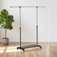 HOMCOM Tendedero Extensible con Ruedas con Barra de Acero Inoxidable y Estante para Zapatos 159x42x168 cm Negro y Plata(m-3)