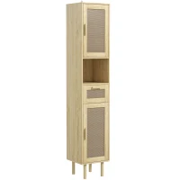 HOMCOM Mobilier baie coloană de depozitare pentru baie cu uși din ratan sertar 2 dulapuri 32 x 30 x 170 cm stejar(m-1)