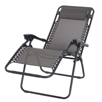 Outsunny Zero Gravity Chair Metal Frame Texteline Armchair Outdoor Folding and Reclining Sun Lounger with Head Pillow for Patio Decking Gardens Camping, Grey(m-11)